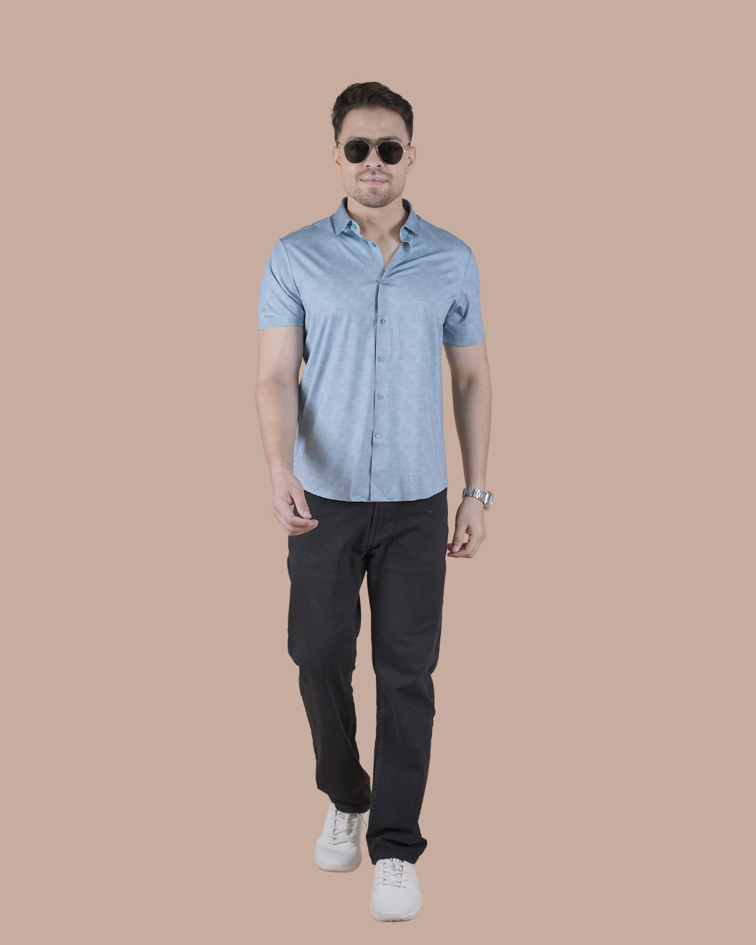 Sky Blue Textured Seamless Half Sleeve Shirt