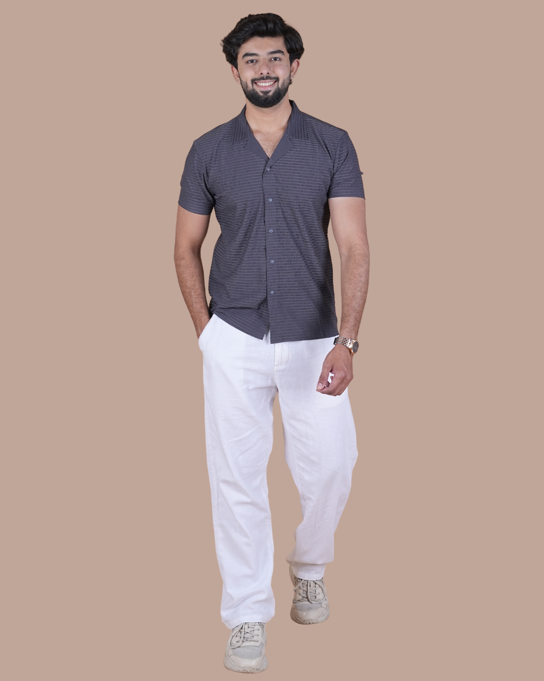 Grey Textured Stitchless Cuban Collar Shirt