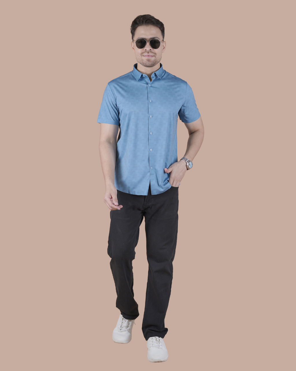 Powder Blue Seamless Printed Half Sleeve Shirt