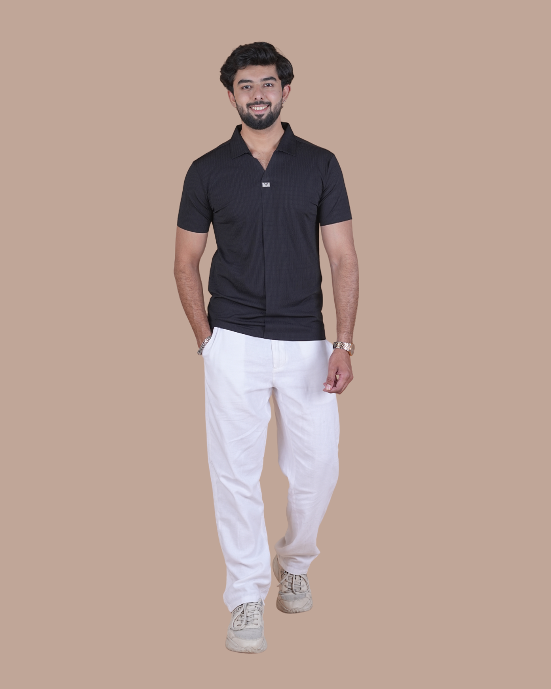 Black Seamless V-Neck Polo T-Shirt