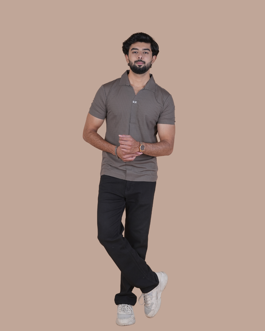 Taupe Brown Seamless V-Neck Polo T-Shirt