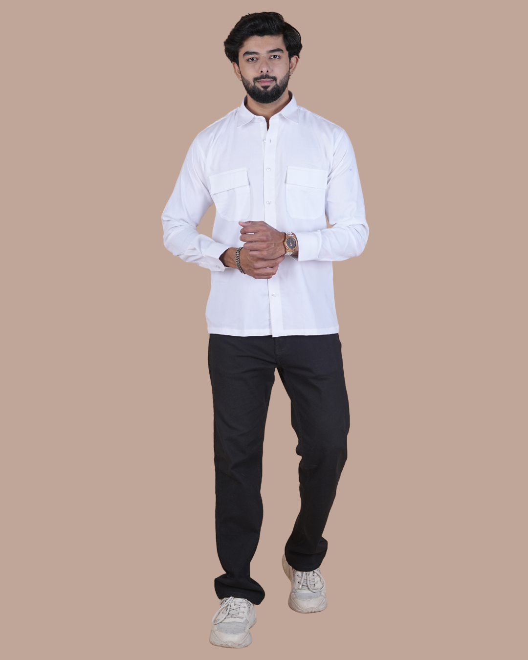 White Corduroy Double Pocket Semi-Casual Shirt