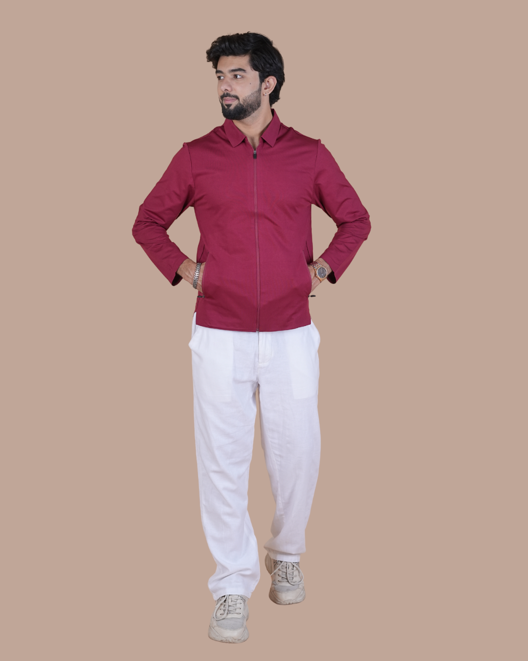 maroon Double Pocket Full-Sleeve Zipper Jacket