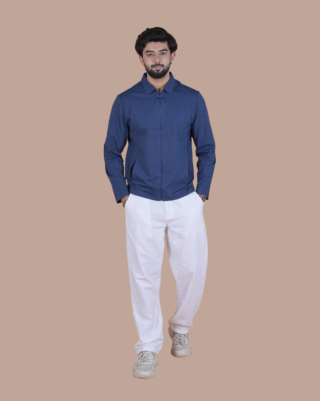blue Double Pocket Full-Sleeve Zipper Jacket