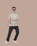 Sand Beige Linen Graphic Casual T-Shirt