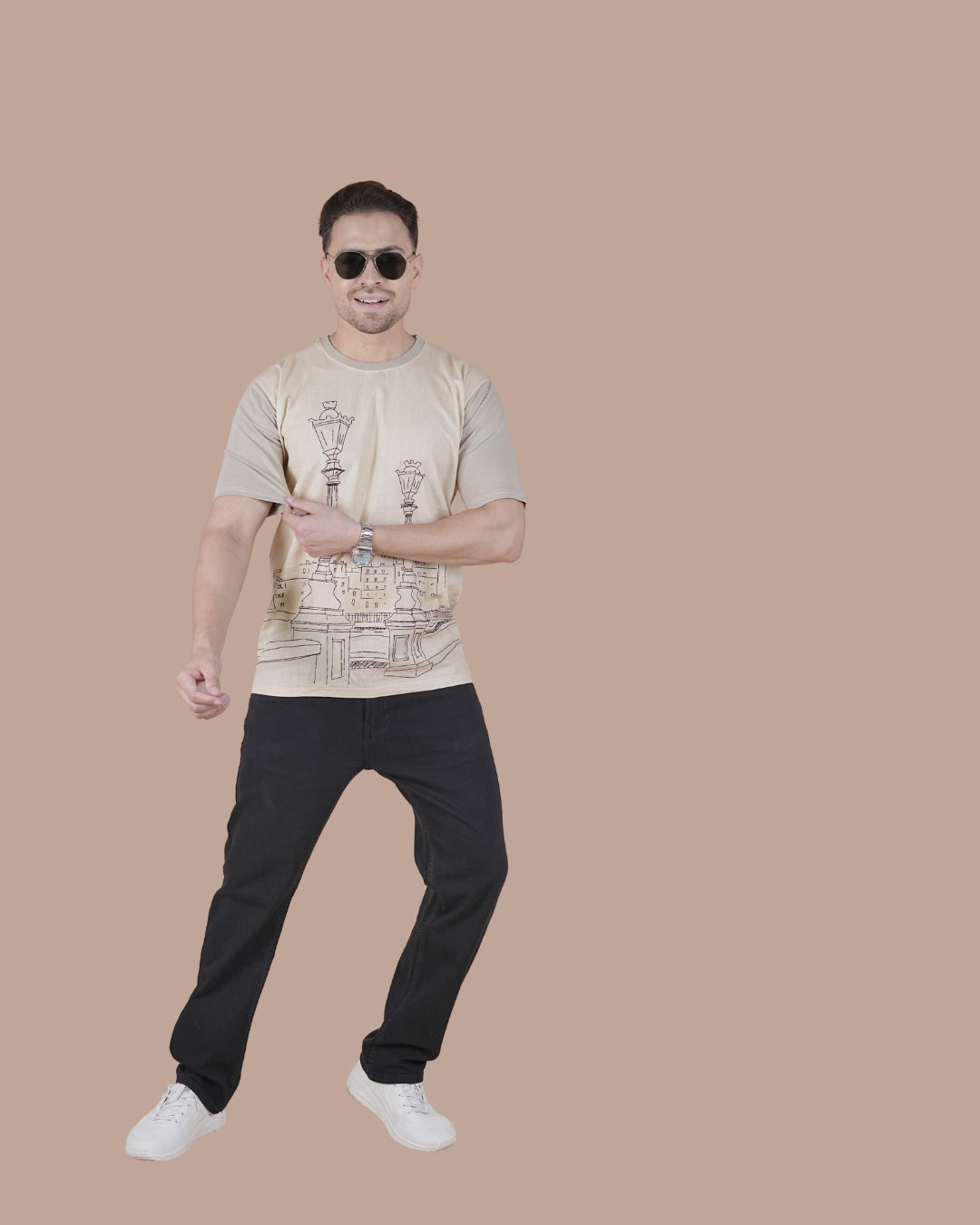 Sand Beige Linen Graphic Casual T-Shirt