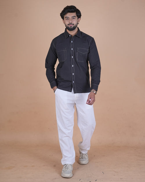 Jet Black Contrast Double Stitch Casual Shirt