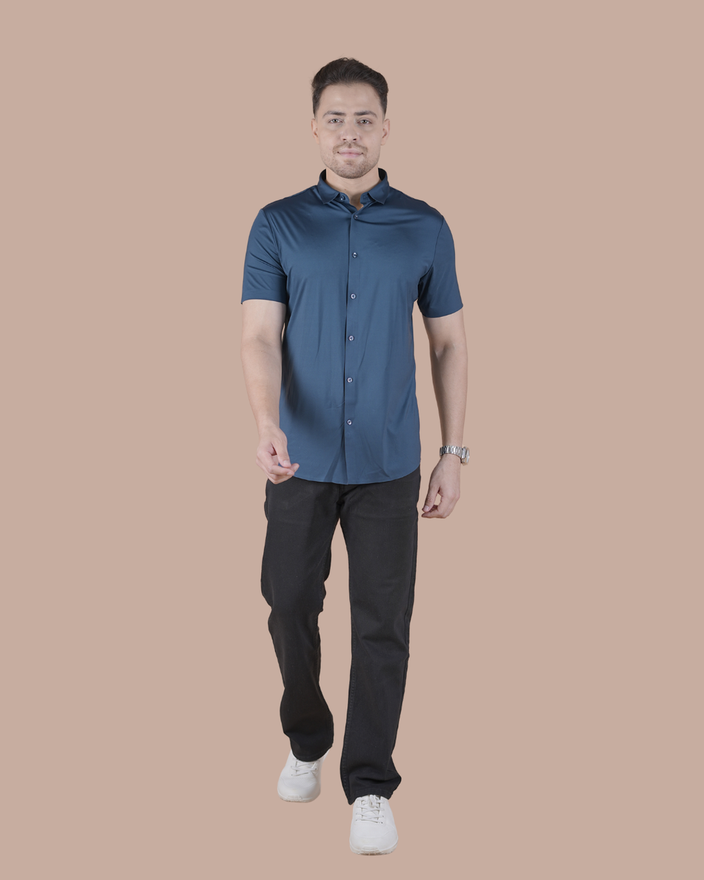 Navy Solid Self-Shine Formal Half Sleeve Shirt
