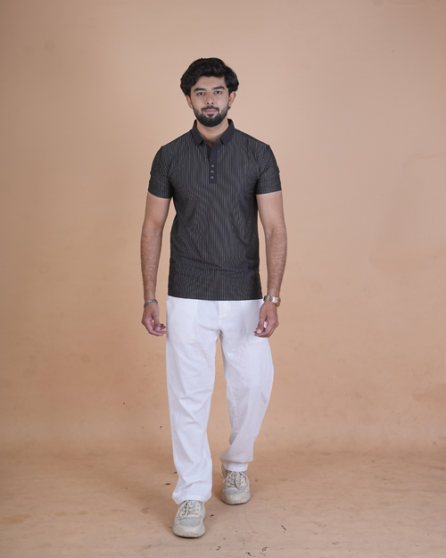 Black Classic Stripe Half-Sleeve Polo T-Shirt