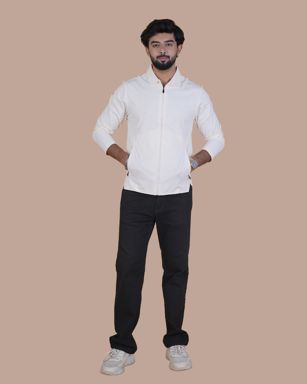white Double Pocket Full-Sleeve Zipper Jacket