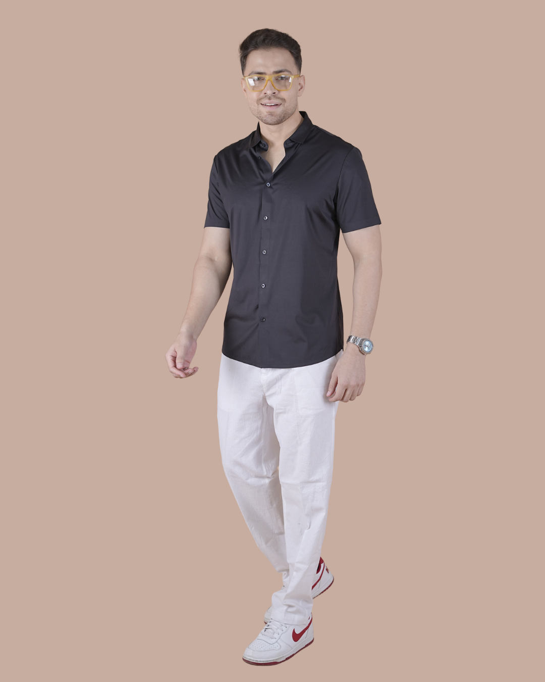 Black Solid Self-Shine Formal Half Sleeve Shirt