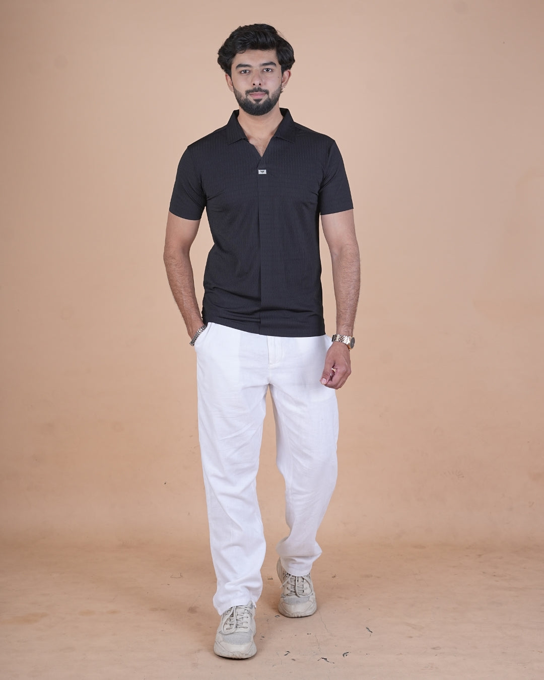 Black Seamless V-Neck Polo T-Shirt