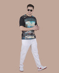 Onyx Black Linen Graphic Casual T-Shirt