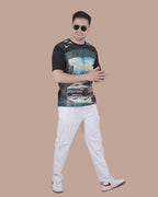 Onyx Black Linen Graphic Casual T-Shirt