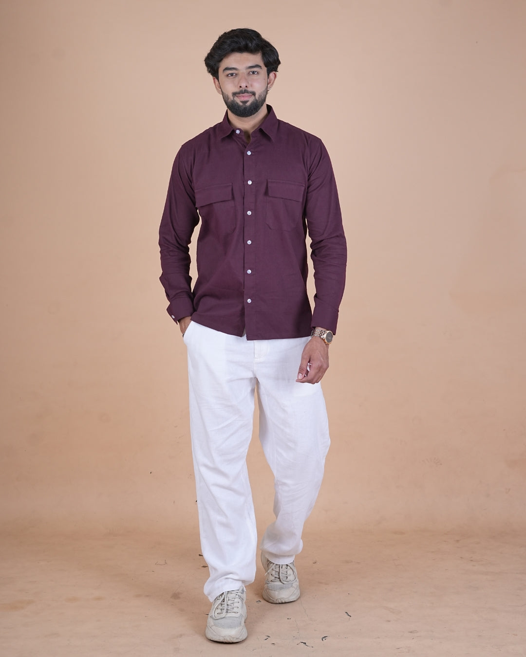Wine Purple Corduroy Semi-Casual Shirt