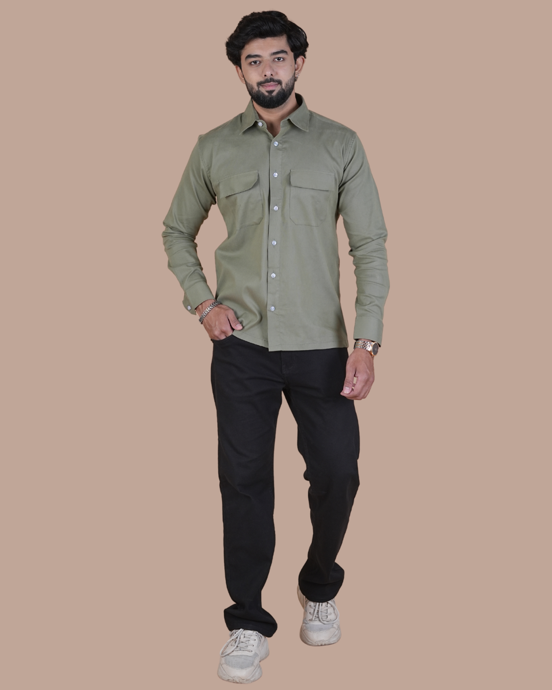 Olive Grey Corduroy Semi-Casual Shirt