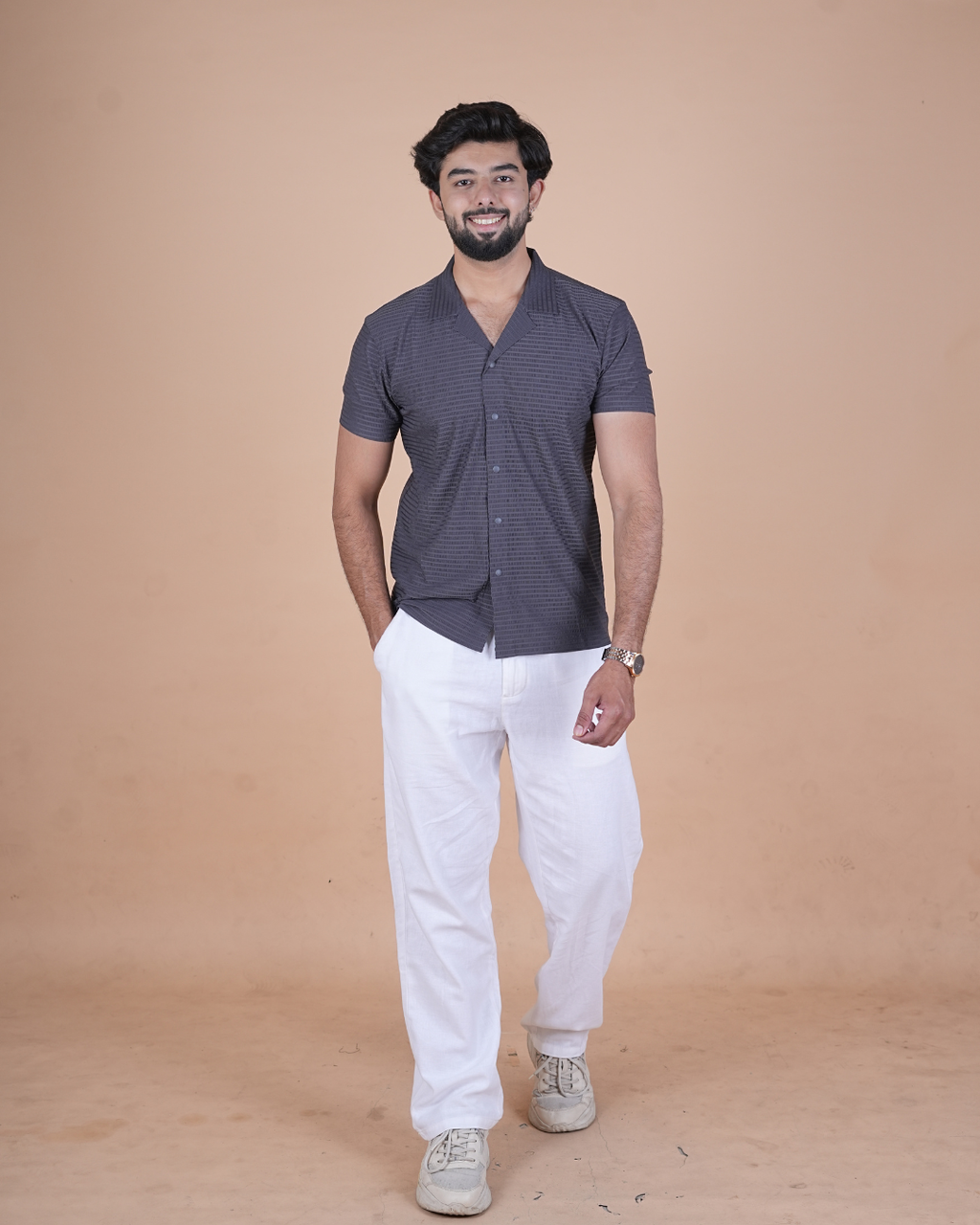Grey Textured Stitchless Cuban Collar Shirt