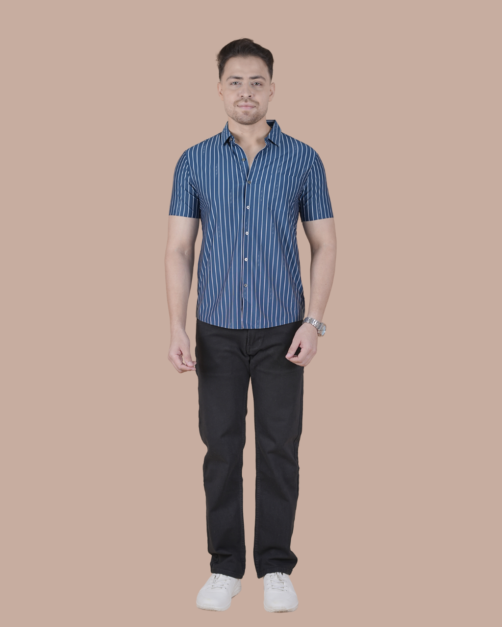 Royal Blue Striped Stitchless Half Sleeve Shirt