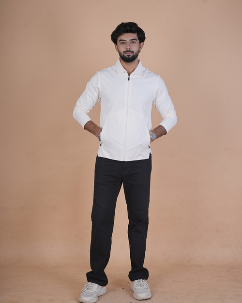 white Double Pocket Full-Sleeve Zipper Jacket