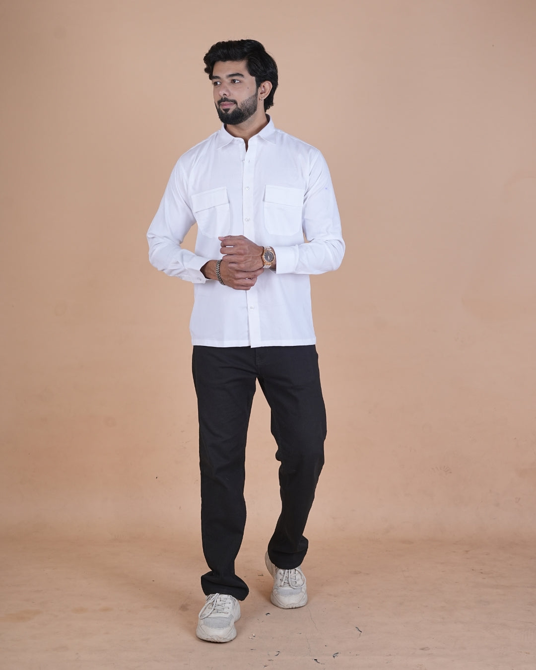 White Corduroy Double Pocket Semi-Casual Shirt