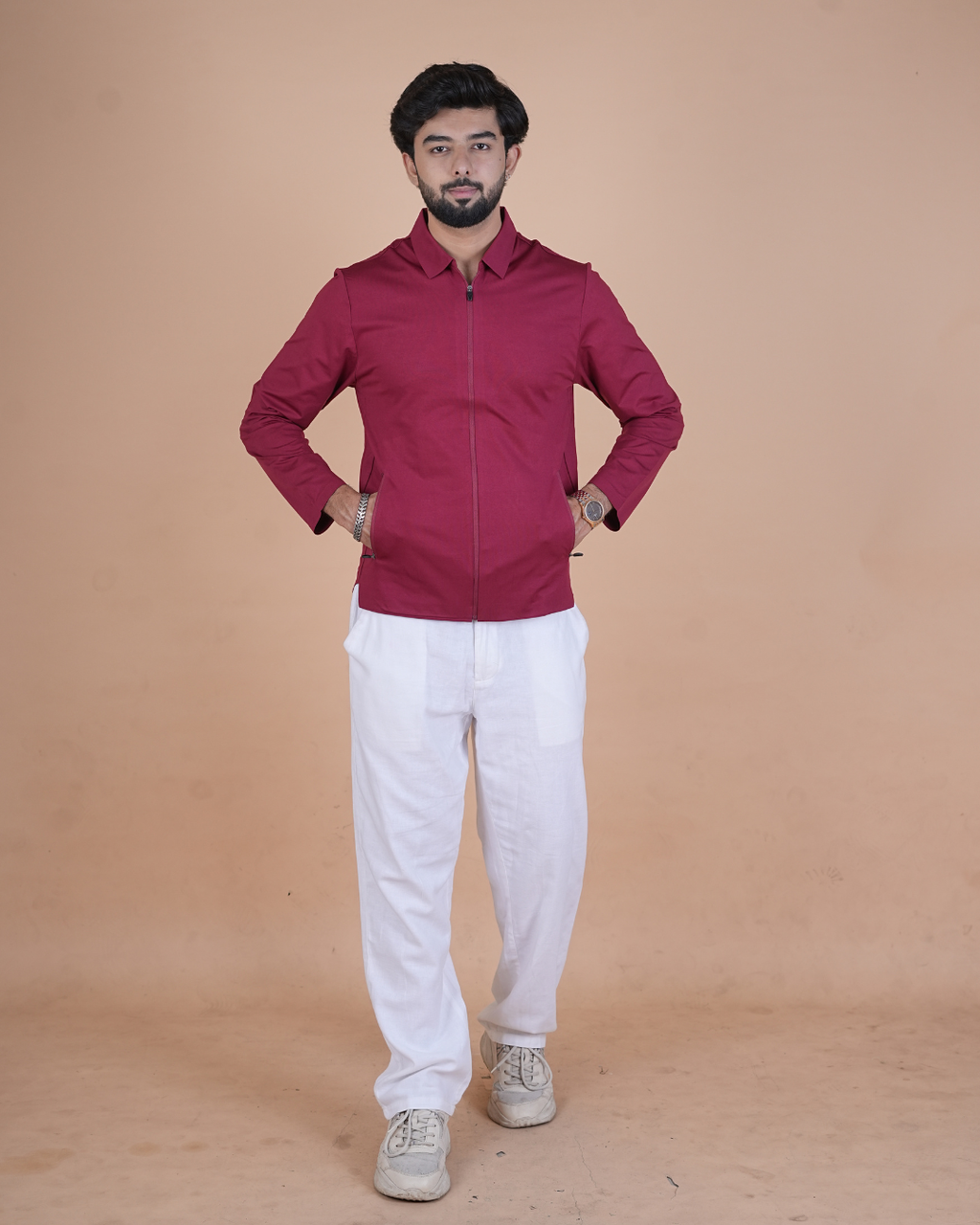 maroon Double Pocket Full-Sleeve Zipper Jacket
