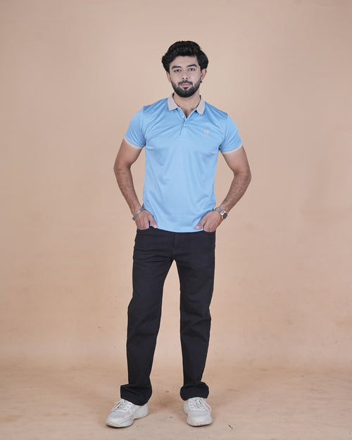 Sky Blue Contrast Collar Polo T-Shirt