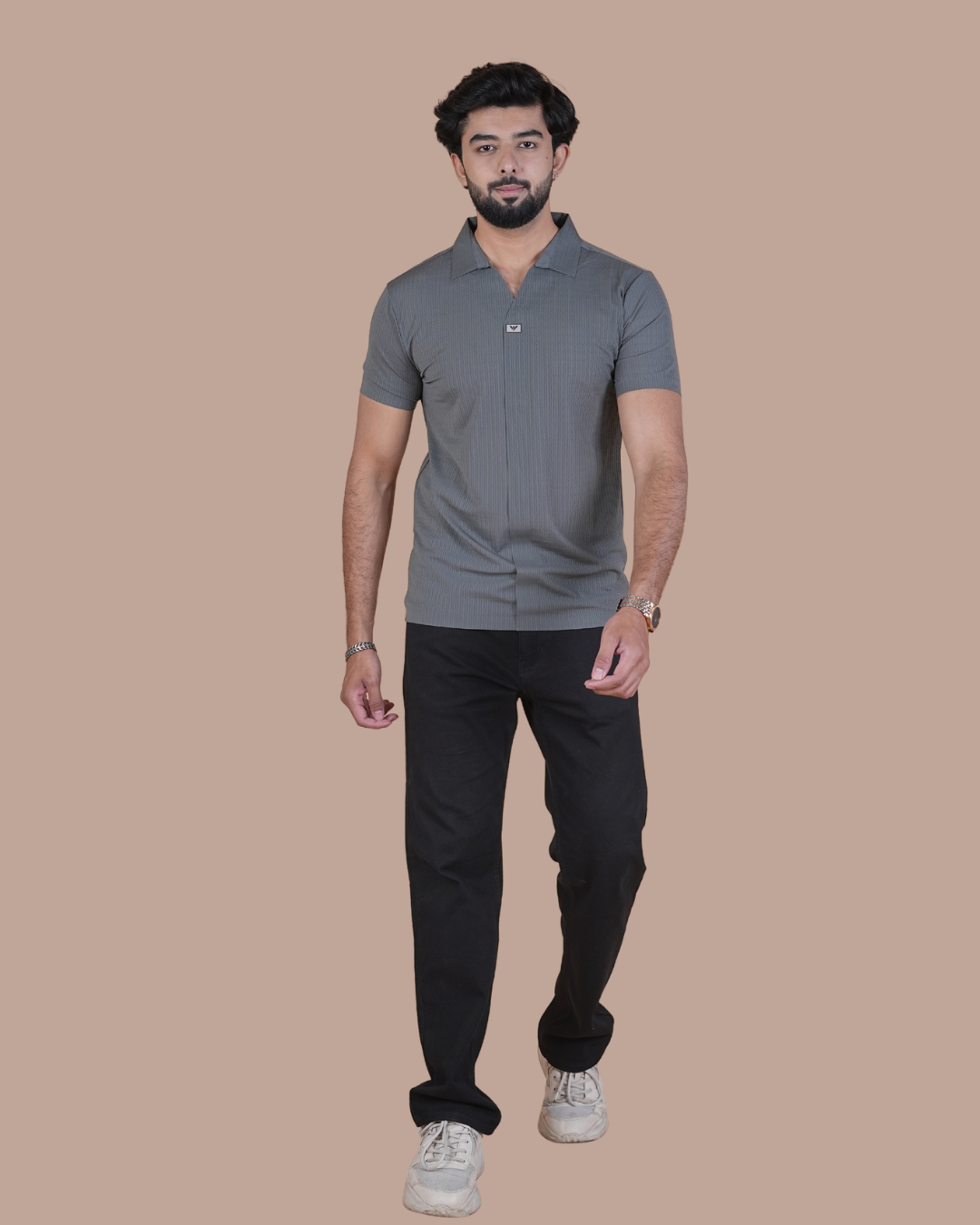 Smoke Grey Seamless V-Neck Polo T-Shirt
