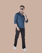 Blue Full Sleeves Self Stripe Stitchless Formal Shirt