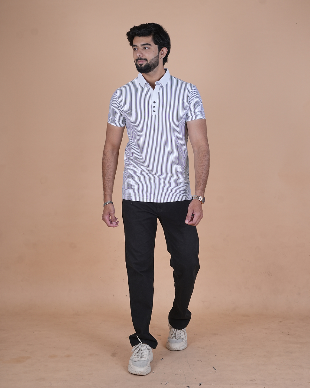 white Classic Stripe Half-Sleeve Polo T-Shirt