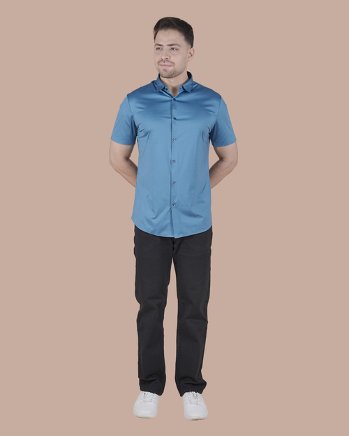 Blue Solid Self-Shine Formal Half Sleeve Shirt