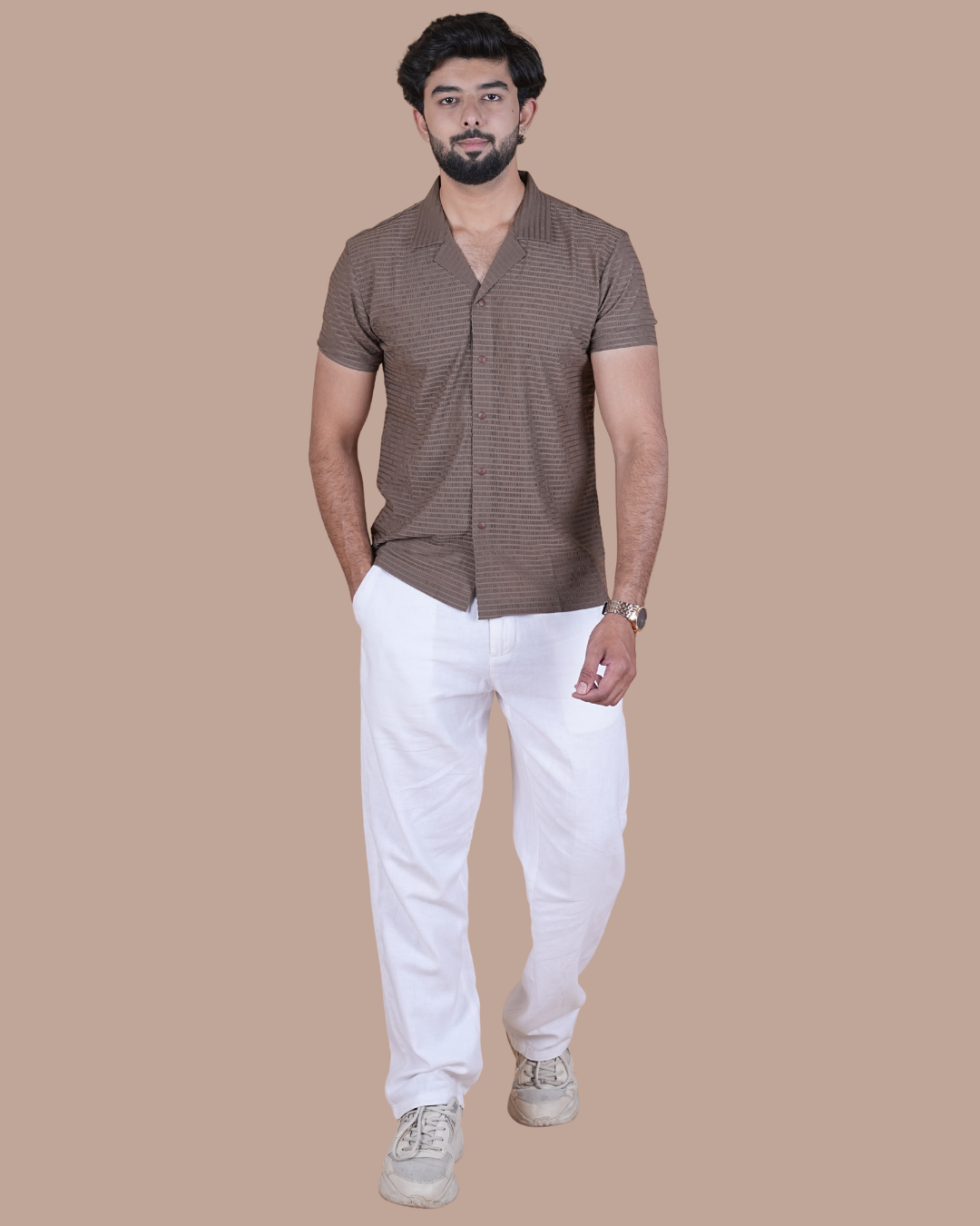 Mocha Brown Textured Stitchless Cuban Collar Shirt