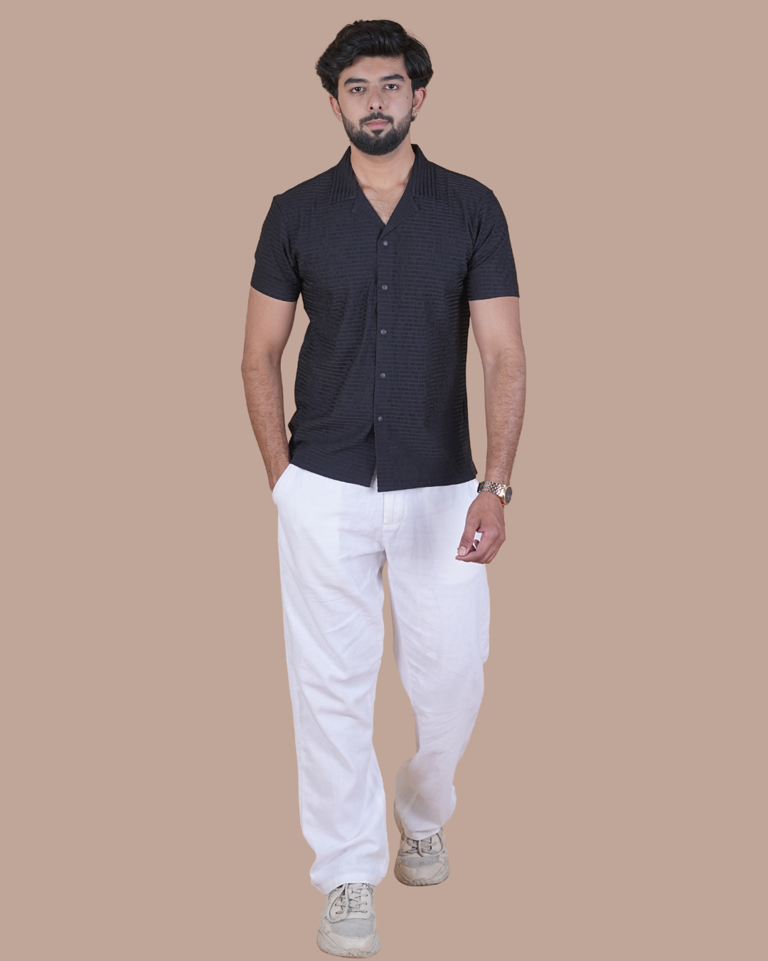 Black Textured Stitchless Cuban Collar Shirt  Description: