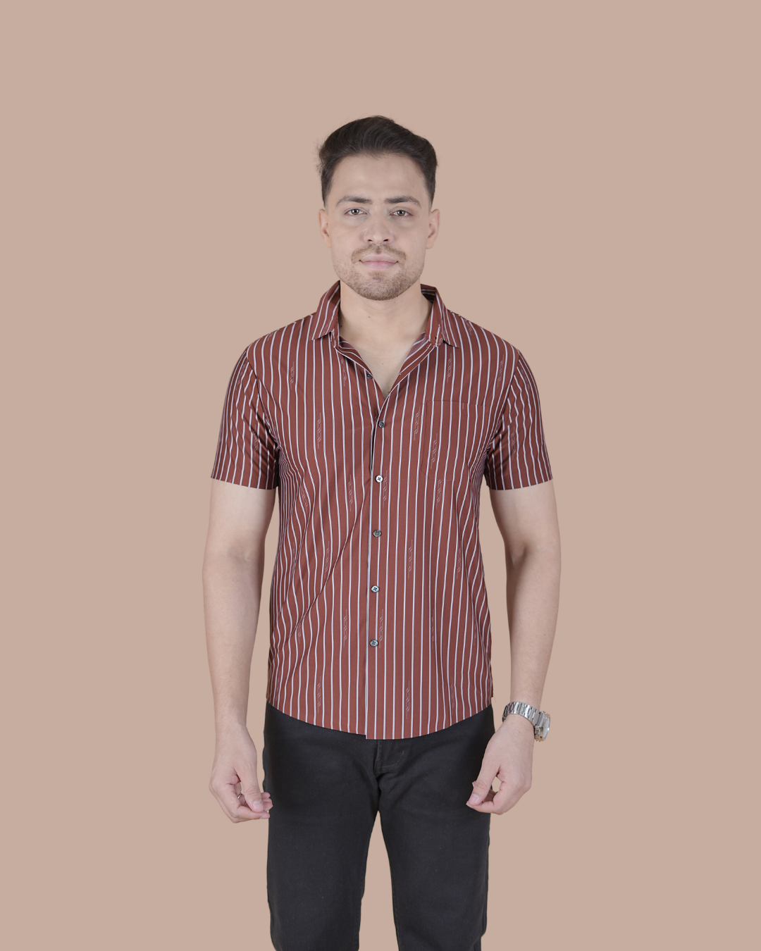 Rust Brown Striped Stitchless Half Sleeve Shirt