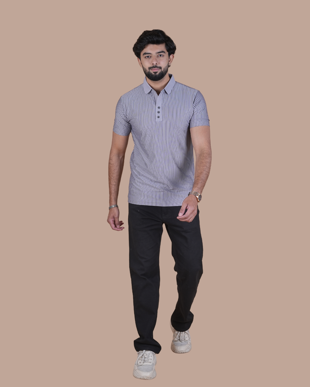gray Classic Stripe Half-Sleeve Polo T-Shirt