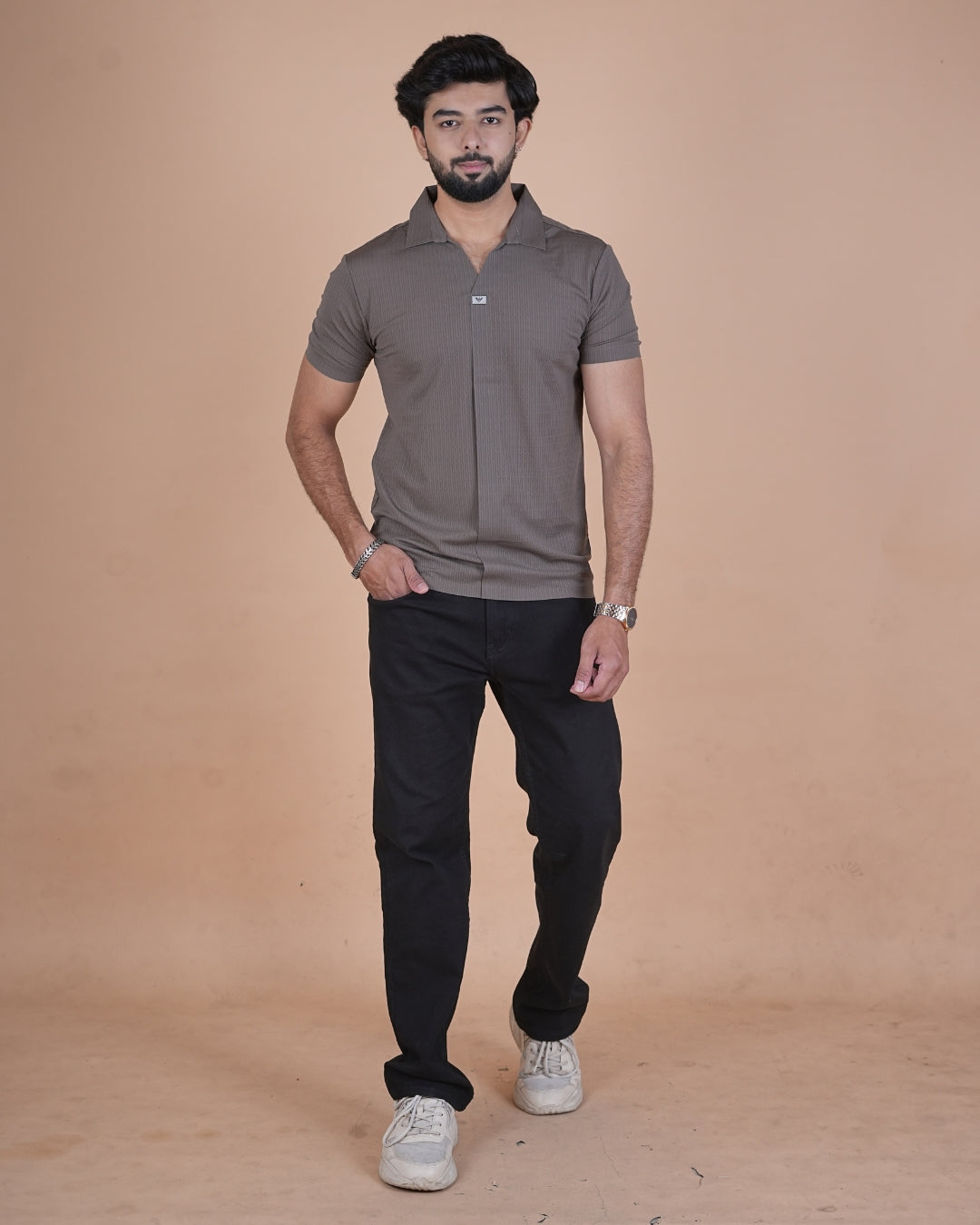 Taupe Brown Seamless V-Neck Polo T-Shirt