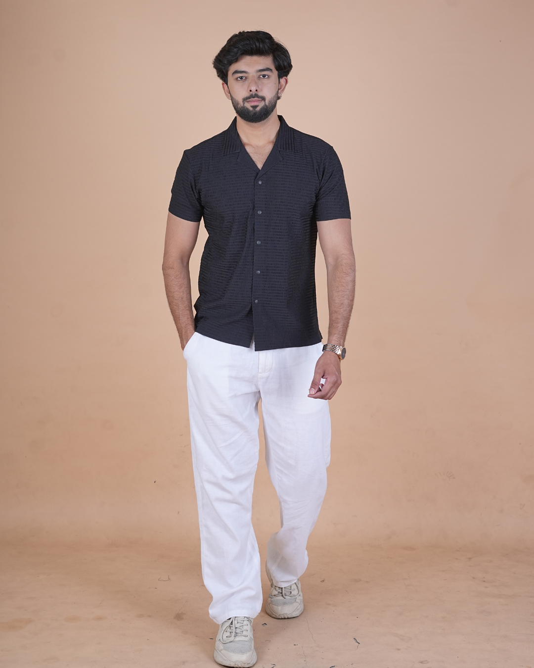 Black Textured Stitchless Cuban Collar Shirt  Description: