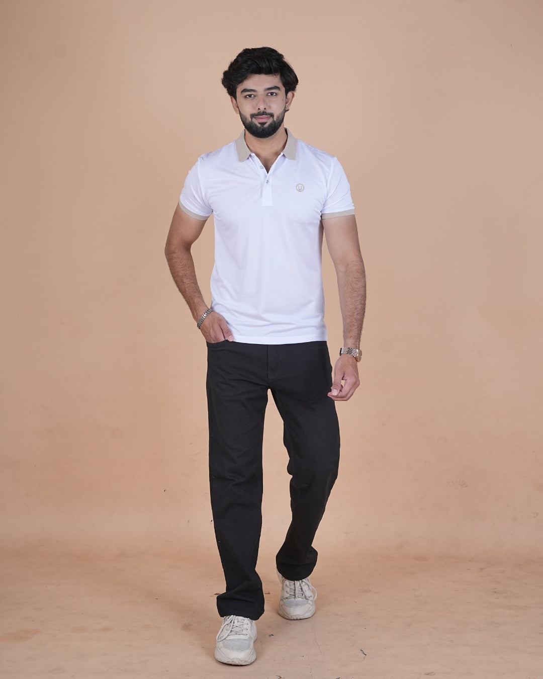 White Contrast Collar Polo T-Shirt