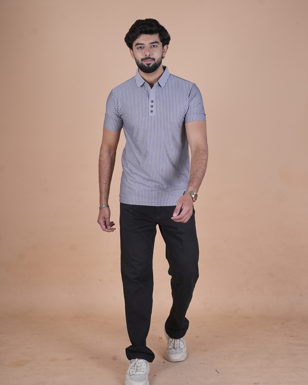 gray Classic Stripe Half-Sleeve Polo T-Shirt