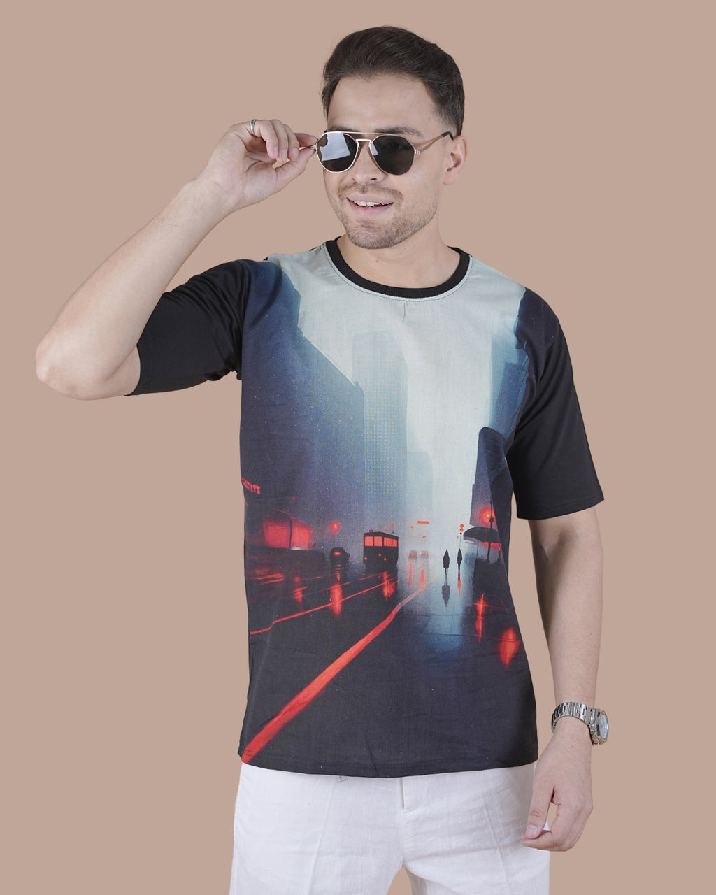Midnight Noir Linen Graphic Casual T-Shirt