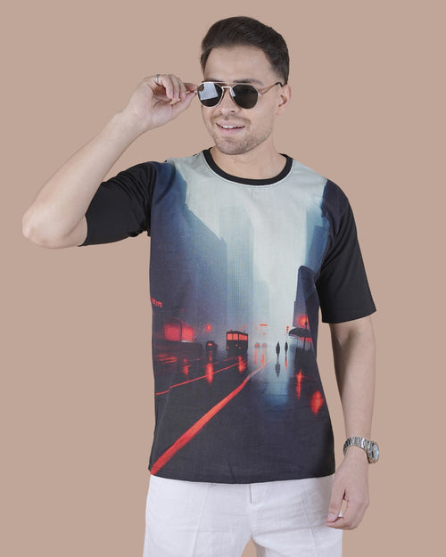 Midnight Noir Linen Graphic Casual T-Shirt