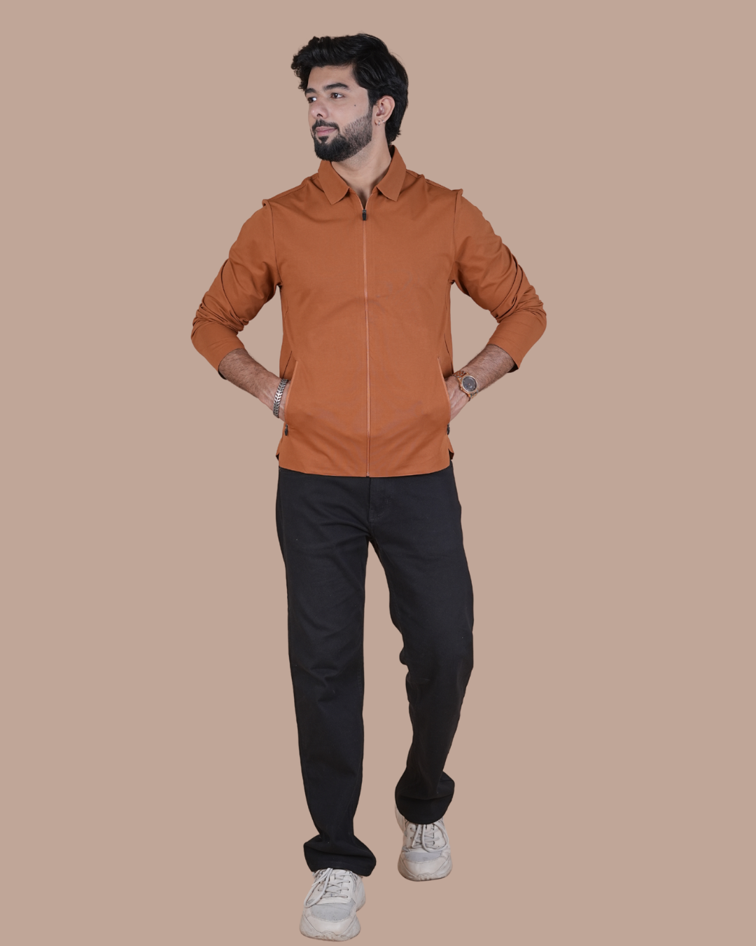 orange Double Pocket Full-Sleeve Zipper Jacket
