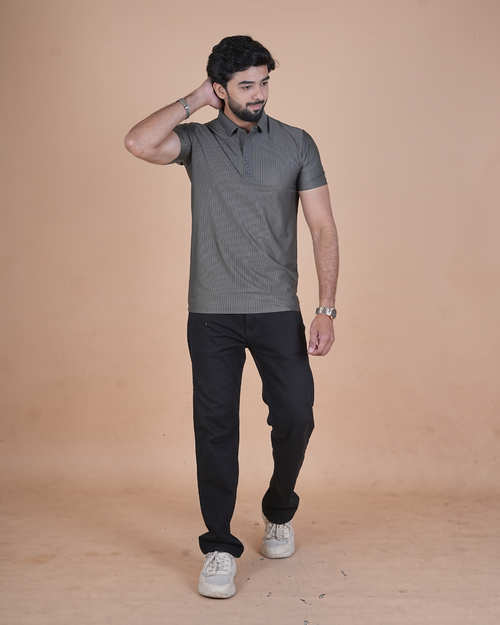 charcoal gray Classic Stripe Half-Sleeve Polo T-Shirt