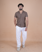 Mocha Brown Textured Stitchless Cuban Collar Shirt