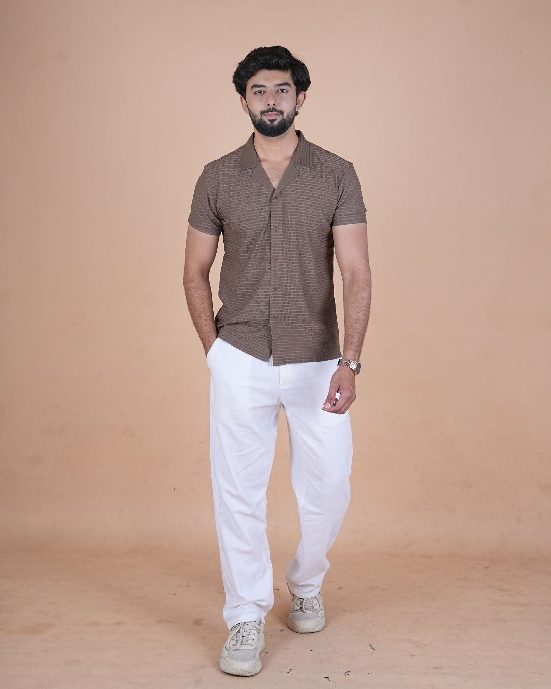 Mocha Brown Textured Stitchless Cuban Collar Shirt