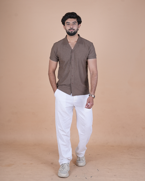 Mocha Brown Textured Stitchless Cuban Collar Shirt