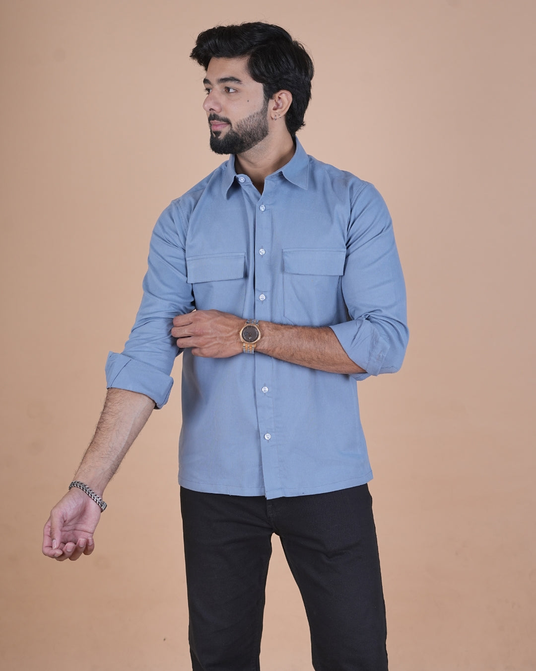 Slate Blue Corduroy Semi-Casual Shirt