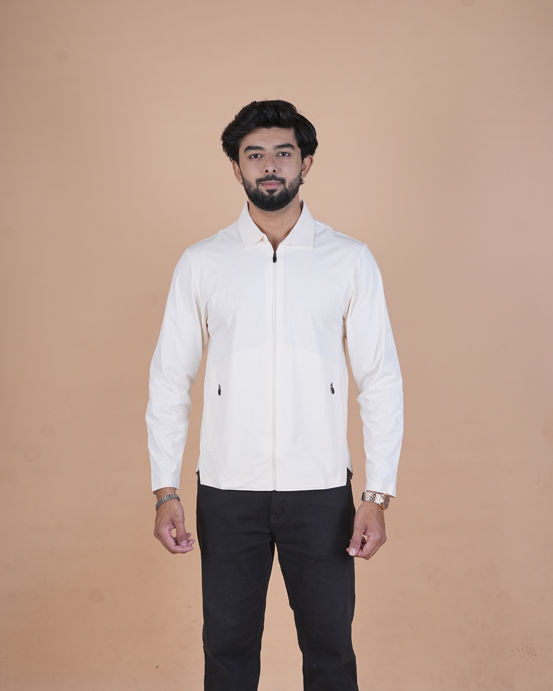 white Double Pocket Full-Sleeve Zipper Jacket