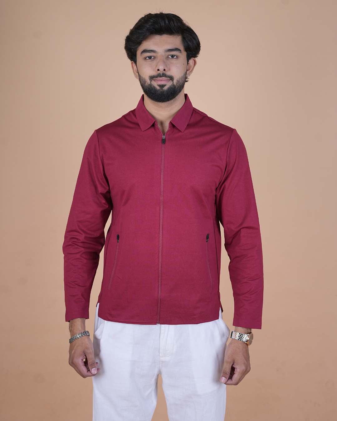 maroon Double Pocket Full-Sleeve Zipper Jacket