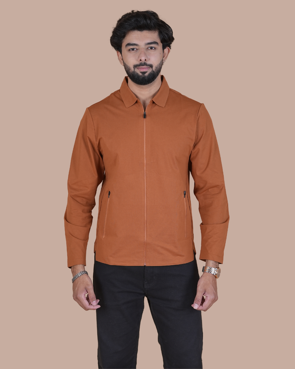 orange Double Pocket Full-Sleeve Zipper Jacket