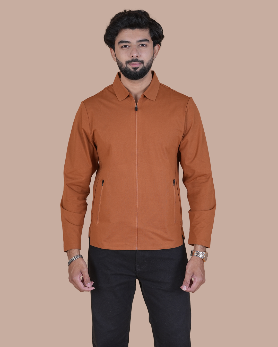 orange Double Pocket Full-Sleeve Zipper Jacket